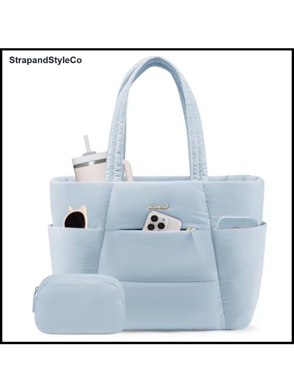 Puffer Tote Bag with Cup Holder Laptop Work Travel Tote